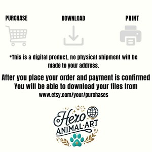 May include: Digital product image with icons for purchase, download, and print. Text states, "This is a digital product, no physical shipment will be made to your address." Includes the Etsy URL for downloads and a logo for Hero Animal Art.