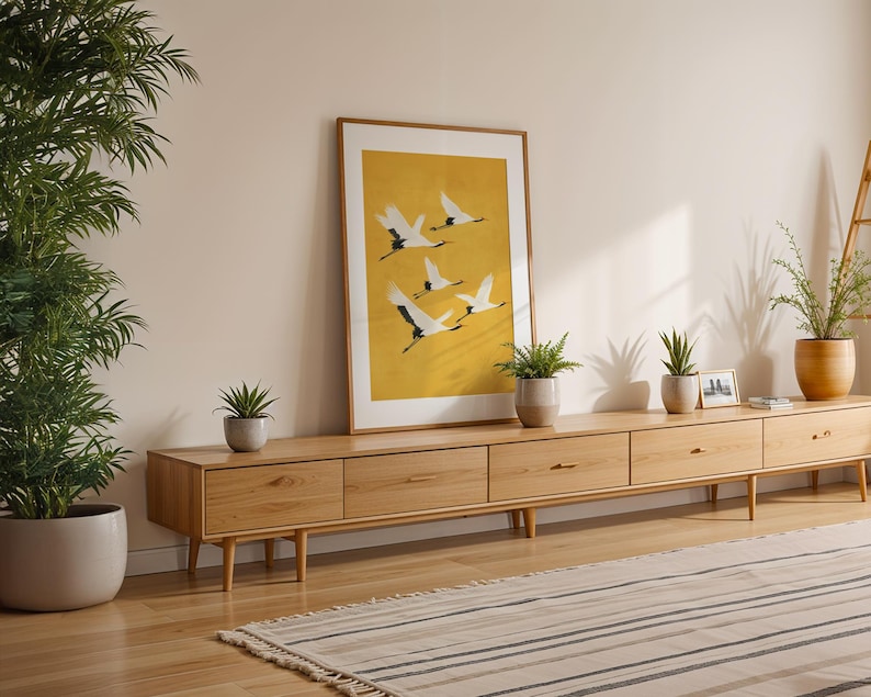 Golden yellow and white crane print, ideal for living rooms, offices, and meditation spaces.