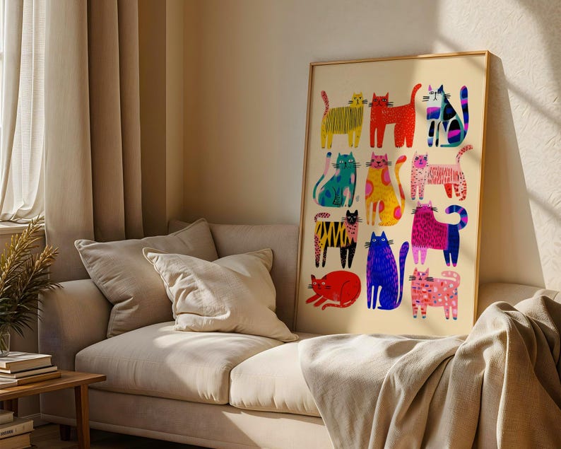 Vibrant multicolor cat illustration for modern home decor