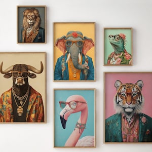 Set di stampe animalier alla moda e funky, estetica dopaminergica, arredamento massimalista, dipinto di leone e tigre rosa e giallo, stampa preppy, download digitale di arte