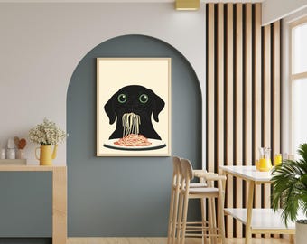 黒犬のスパゲッティアートプリント、気まぐれな犬のキッチン装飾、黒犬