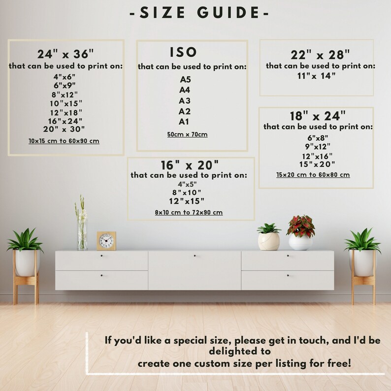 May include: A size guide for prints, showing different sizes in inches and centimeters. The guide includes standard sizes like 24" x 36", 18" x 24", 16" x 20", and 22" x 28", as well as ISO paper sizes like A5, A4, A3, A2, and A1. The text at the bottom says "If you'd like a special size, please get in touch, and I'd be delighted to create one custom size per listing for free!"