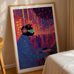 Cyber cat DJ in an electric cityscape with dazzling club lights
