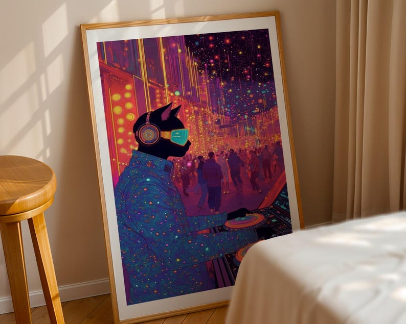 Cyber cat DJ in an electric cityscape with dazzling club lights
