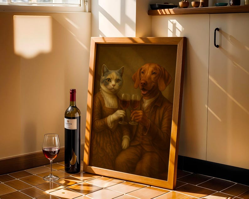 Op de afbeelding: Een vintage schilderij in een lijst van een kat en een hond die proosten met wijnglazen. Een fles rode wijn en een wijnglas staan voor het schilderij. Het schilderij en de wijn staan op een betegelde vloer, bij een raam.