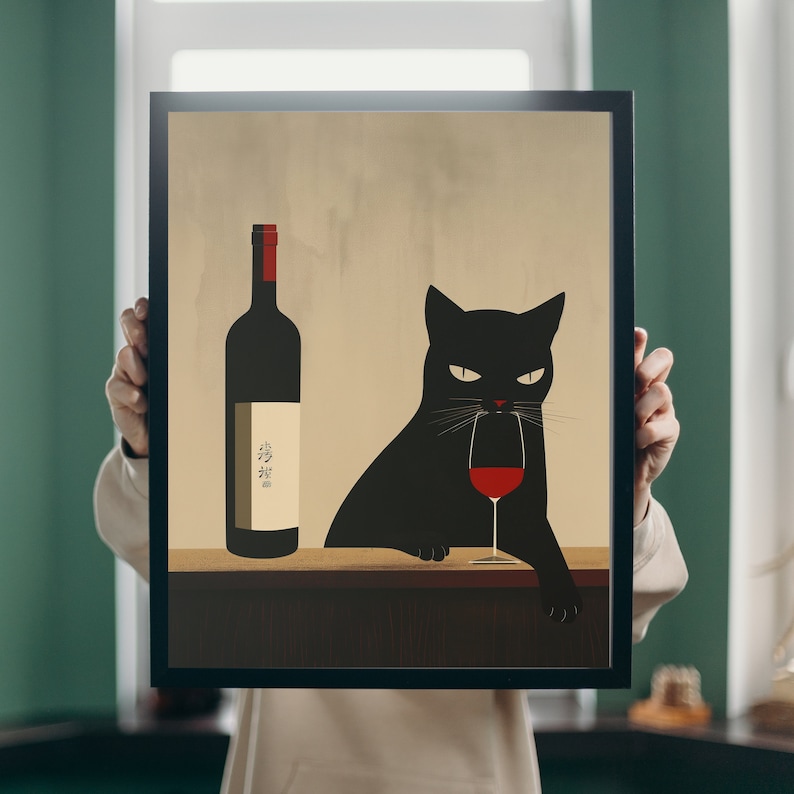 Black Cat Wine Poster, Cat Drinking Wine Art Print, Wine Cat Art Prints ...