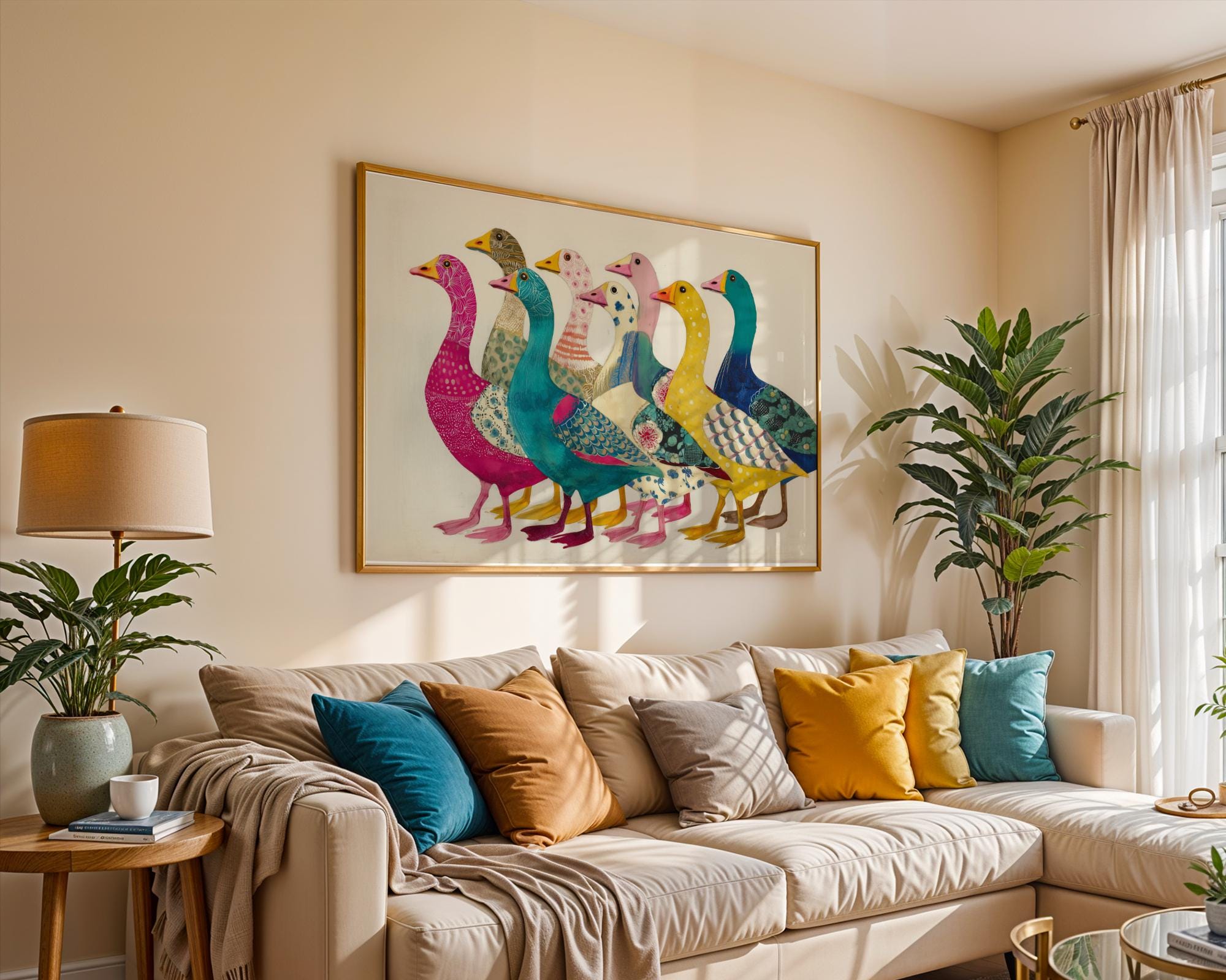 Colorful Goose Parade Art Print - Whimsical Animal Wall Decor, Funky ...
