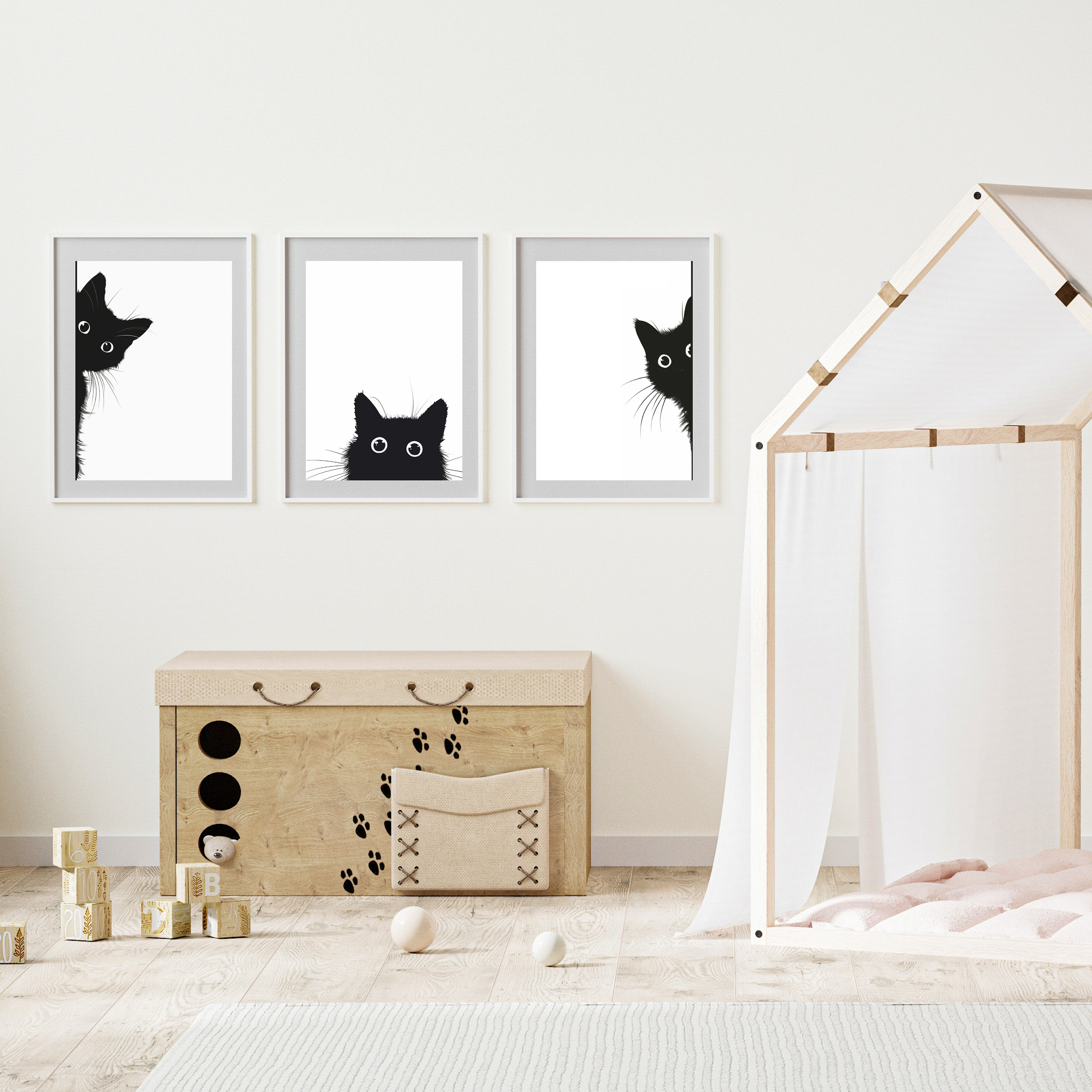 Set of 3 Peeking Black Cat Print Wall Art Poster, Black and White Cat ...