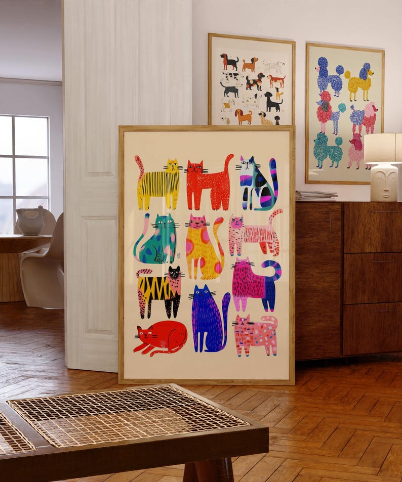 Colorful cat wall art print with playful pop art cats