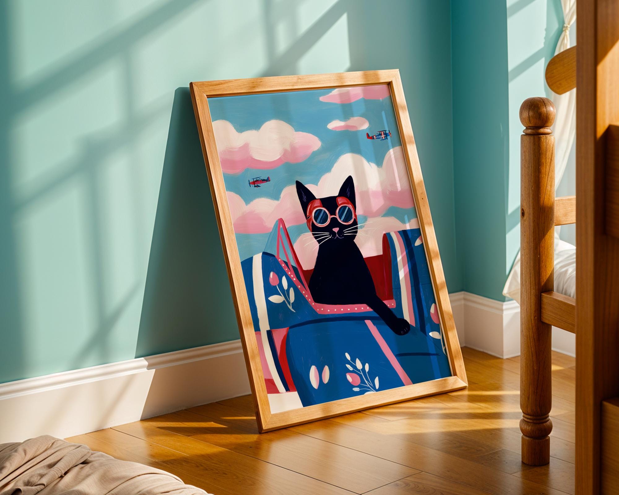 Aviator Cat Wall Art, Vintage Airplane Art, Whimsical Black Cat