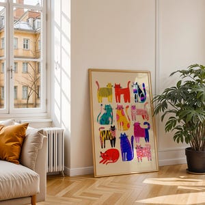 Contemporary cat wall art featuring colorful cats