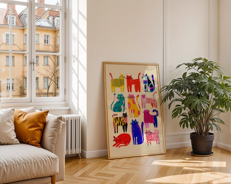 Contemporary cat wall art featuring colorful cats