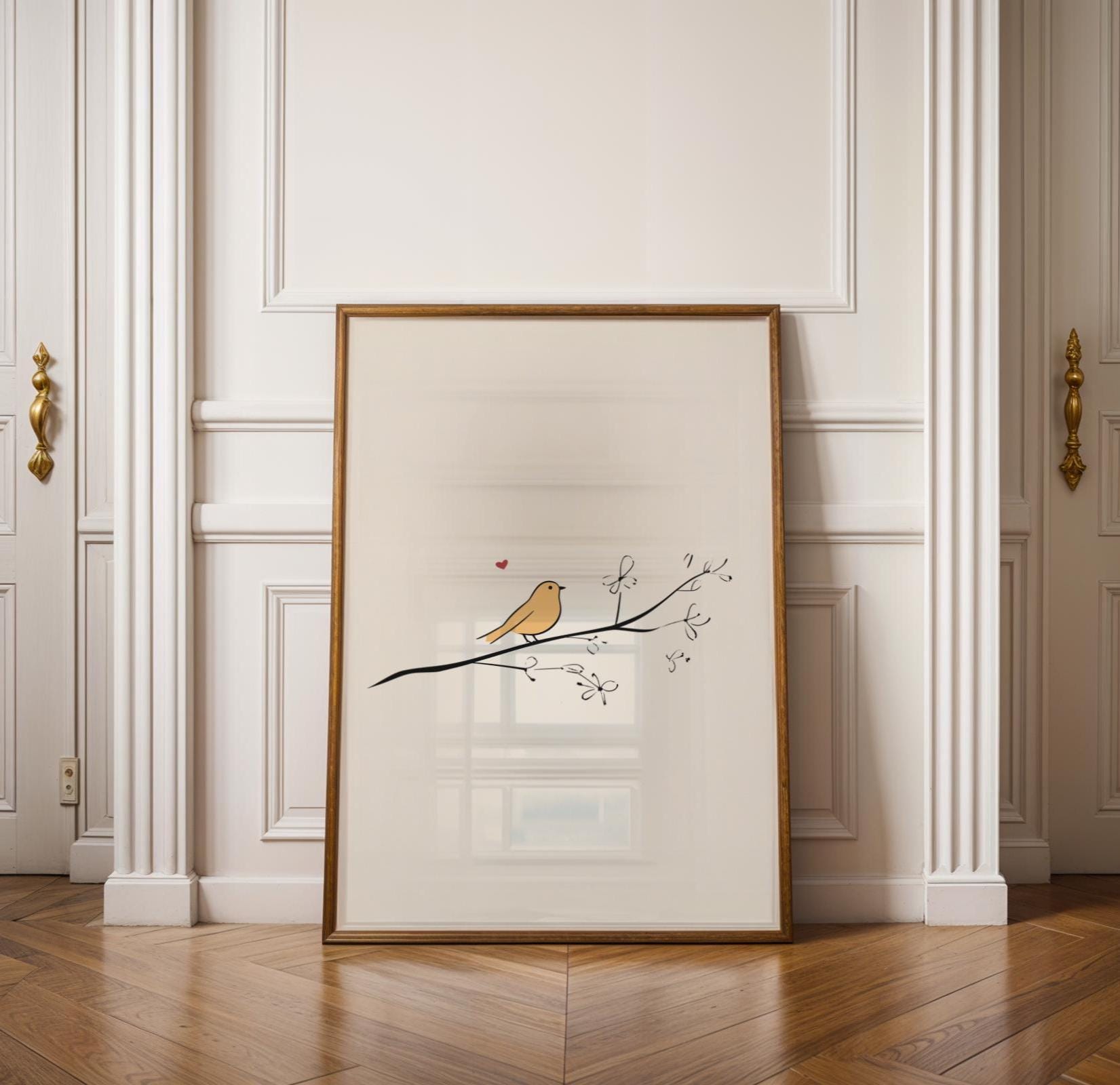 Minimalist Bird Wall Art, Scandinavian Yellow Bird Art, Yellow