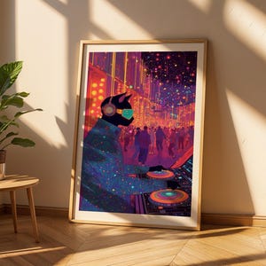 Furry DJ cat artwork featuring vibrant colors and electronic beats