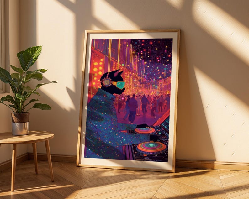Furry DJ cat artwork featuring vibrant colors and electronic beats