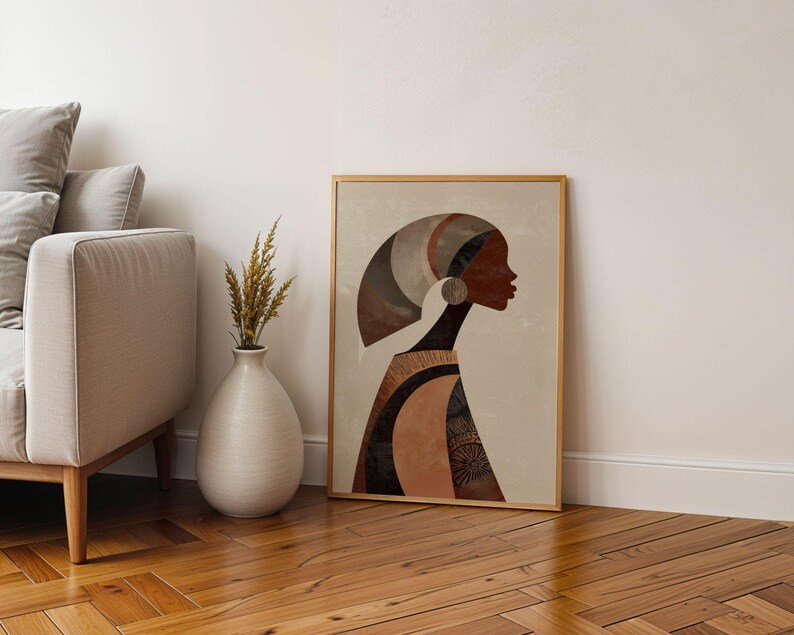 Modern african portrait print with beige background and terracotta browns