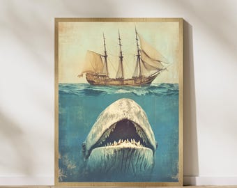 Arte de baleia, Ilustração submarina, Retro, Animais marinhos, Área bruta, A baleia grande e o navio, Arte de baleia e vela, Impressão de baleia, Cartaz de baleia