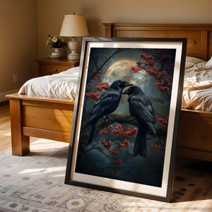 Moonlit birds with red flowers wall art