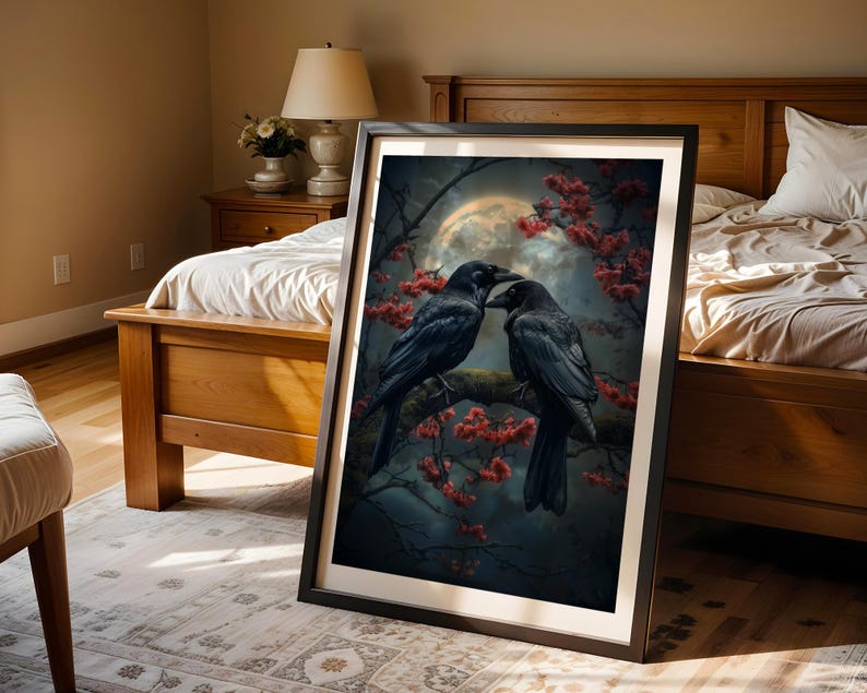 Moonlit birds with red flowers wall art