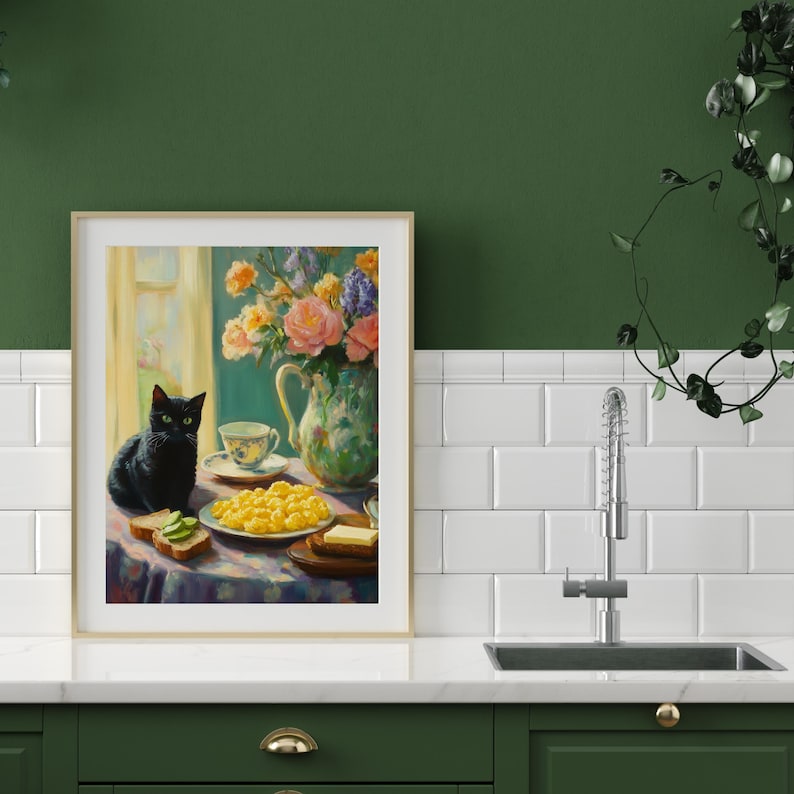 black cat chef art print: boho kitchen cooking poster... Vintage Kitchen Art, Black Cat Oil Painting, Maximalist Kitchen Decor ...