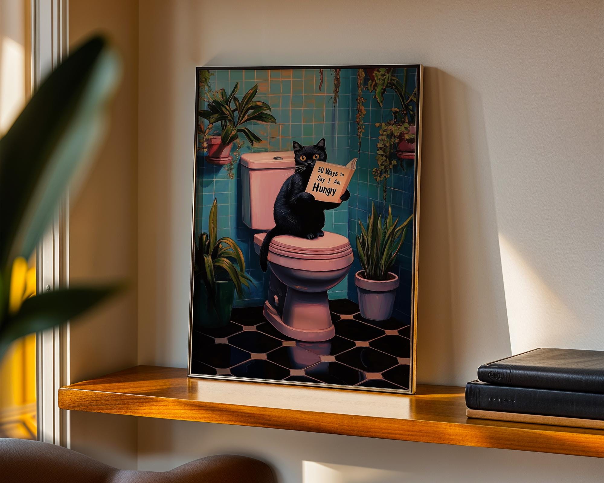 Black Cat on Toilet Print Funny Poster Wall Decor Pooping Print Pink ...