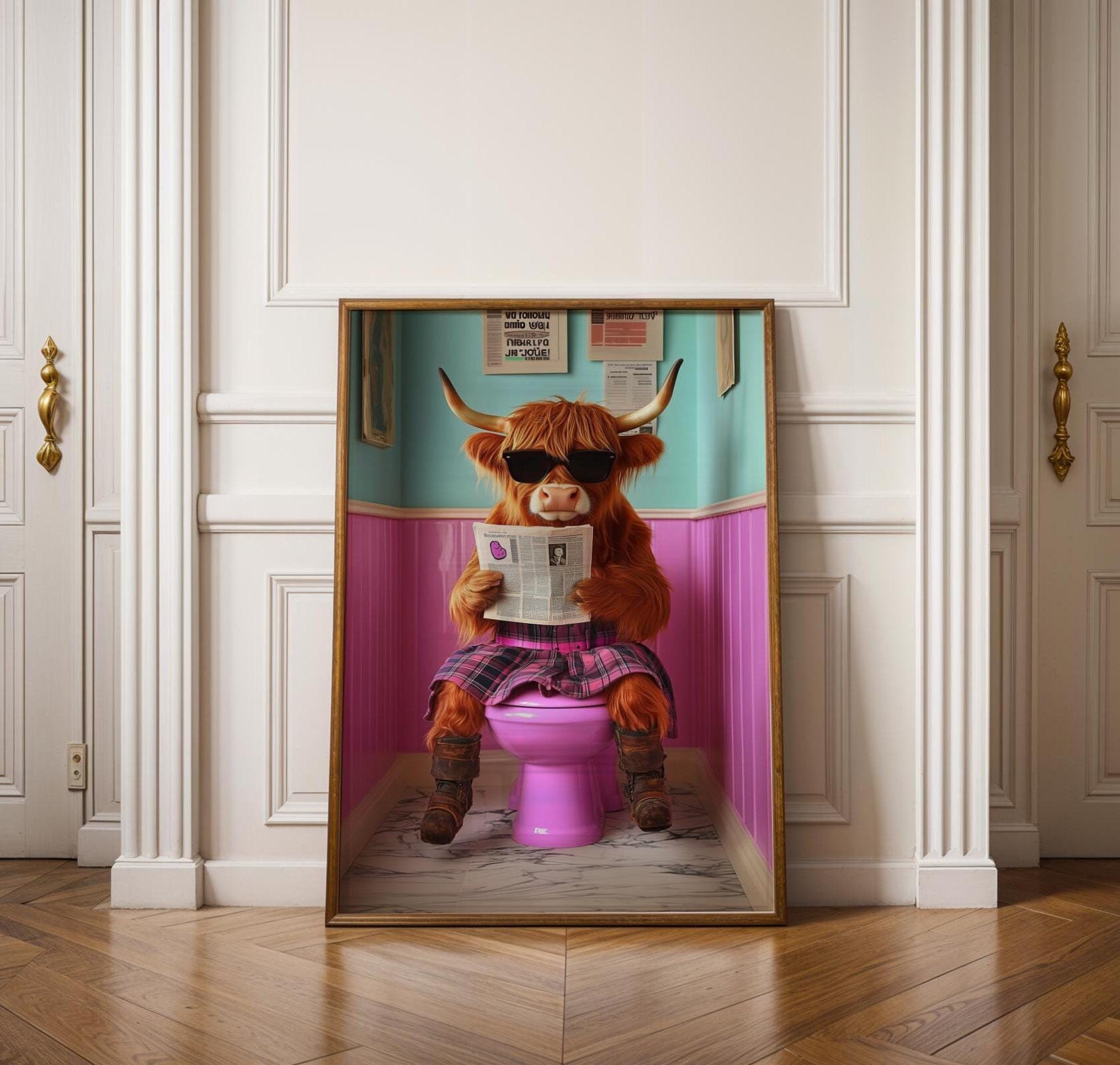 Cute Highland Cow Sitting on Toilet, Quirky Pink Toilet Decor, Pink Bathroom Aesthetic Print, Quirky Toilet Poster, Funny animal on toilet