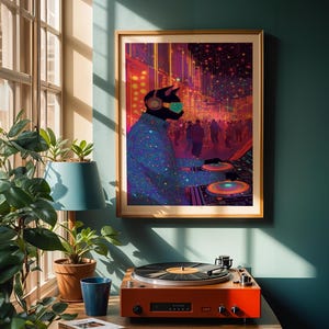 Neon DJ cat illustration with synthwave and vaporwave aesthetics