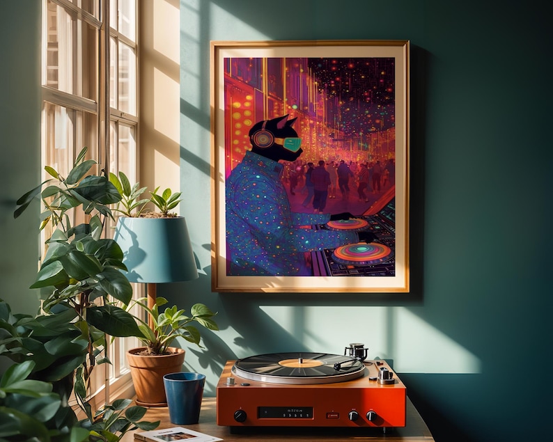Neon DJ cat illustration with synthwave and vaporwave aesthetics