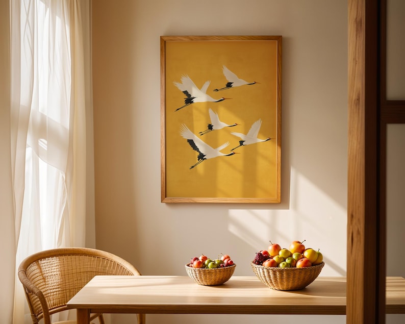 Minimalist crane wall art featuring graceful birds in flight for sophisticated home decor.
