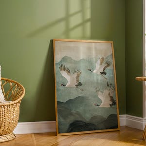 Soft green aesthetic bird print for a modern Japandi interior