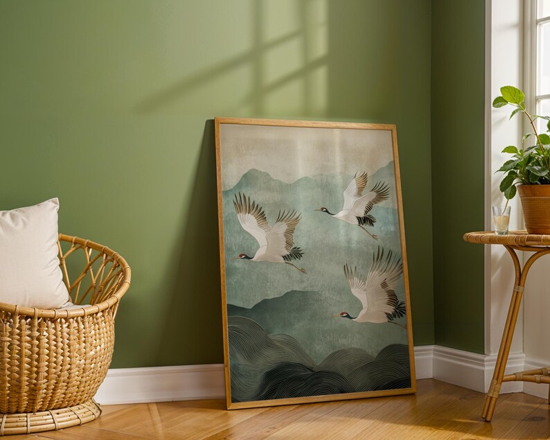 Soft green aesthetic bird print for a modern Japandi interior