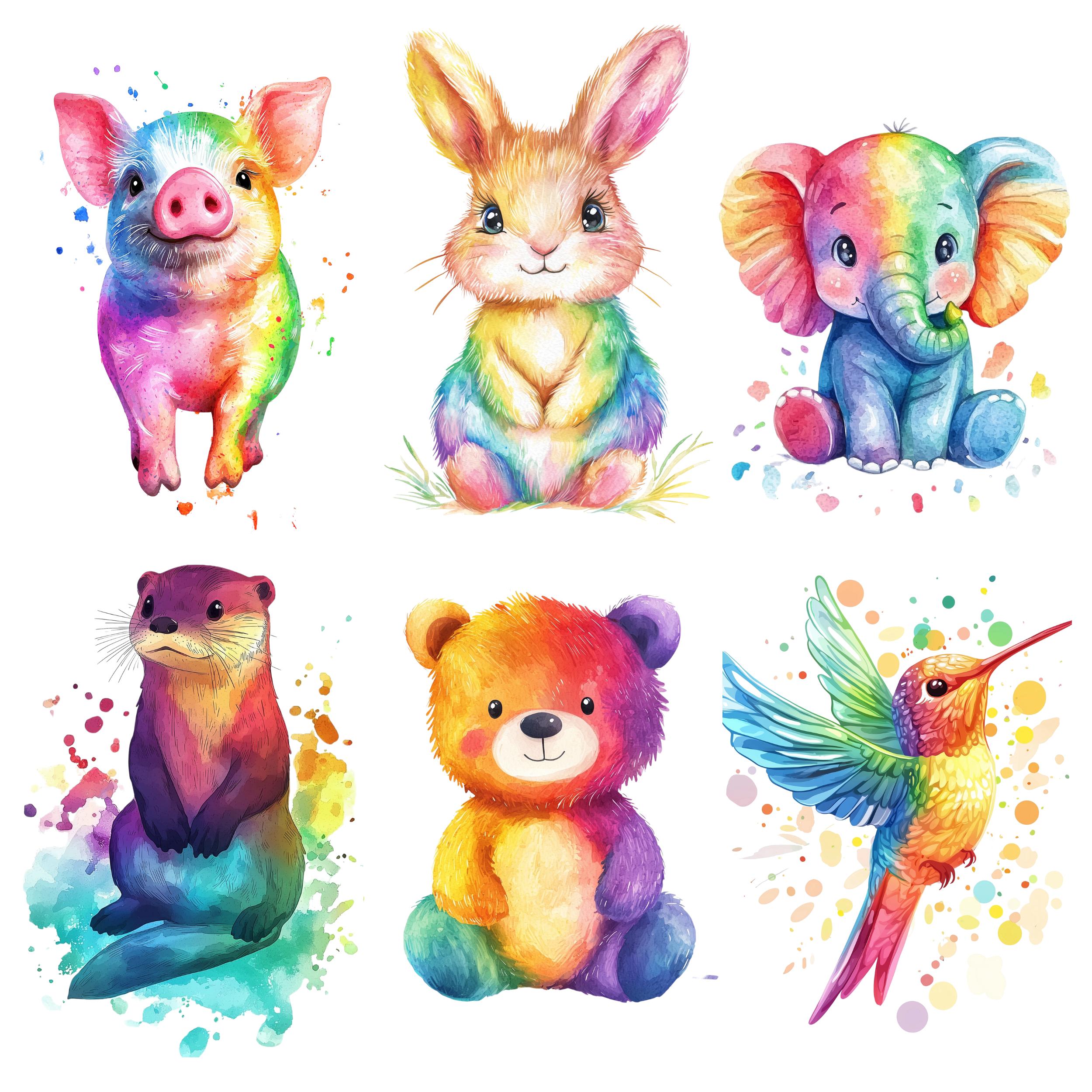Watercolor Rainbow Animals Clipart, Colorful Animals Design, Cute ...