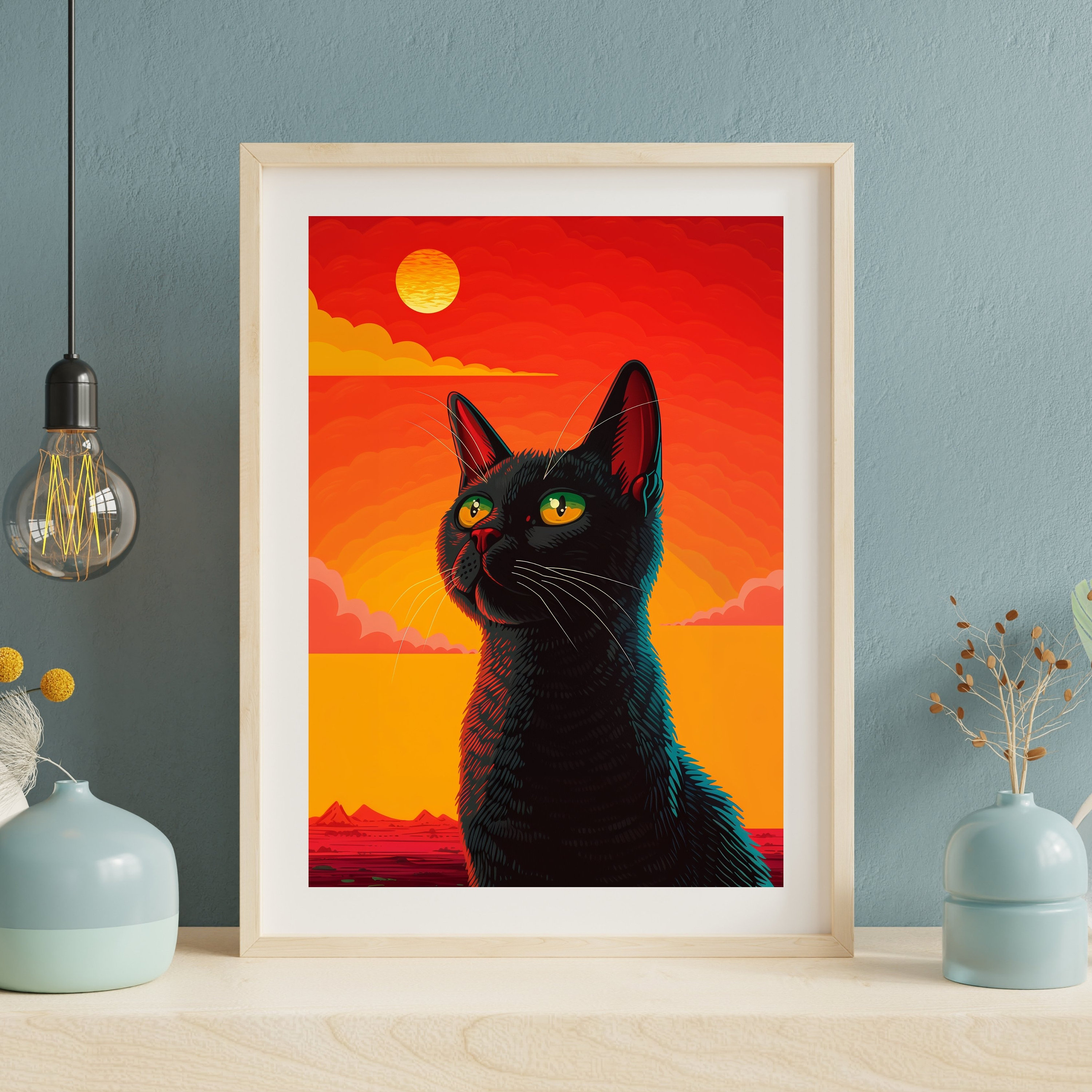Black Cat Painting With Sunset, Black Cat Poster, Dopamine Decor