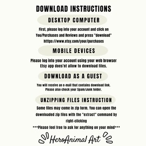 May include: A cream-colored digital download instruction sheet with black text. Instructions are provided for desktop computers, mobile devices, and downloading as a guest. The sheet also includes unzipping file instructions and the HeroAnimal Art logo.