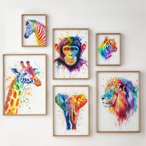 Conjunto de 6 impresiones de acuarela de animales de safari, arte mural colorido, regalo infantil, arte mural de animales arcoíris, póster de tigre