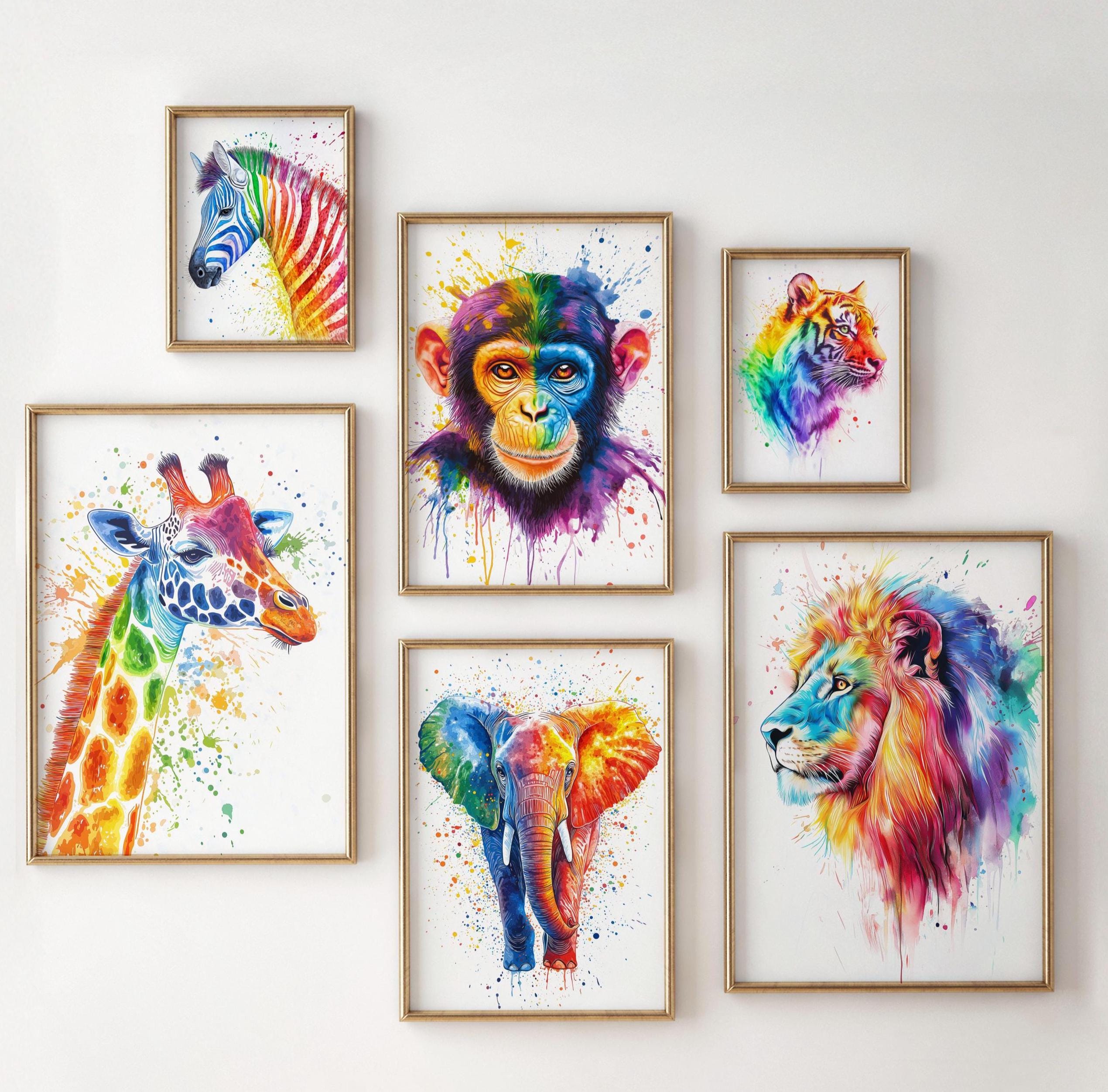 Set of 6 Safari Animals Watercolor Printable Art, Colorful Painting Wall Art, Nursery Children Gift, Rainbow Animal Wall Art, Tiger Poster