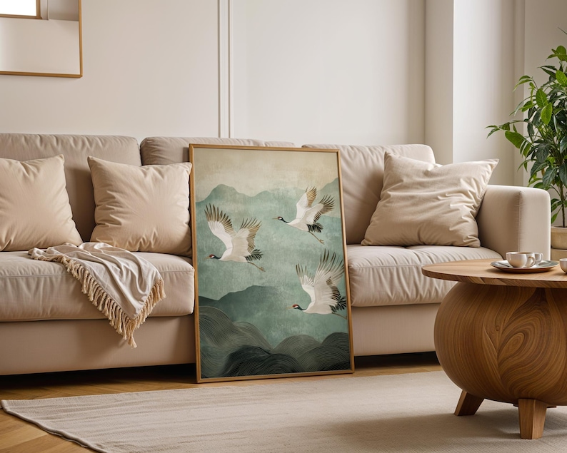 Wabi-Sabi style Japanese artwork with peaceful bird imagery