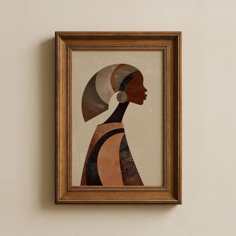Abstract black woman profile wall art in earth tone geometric style