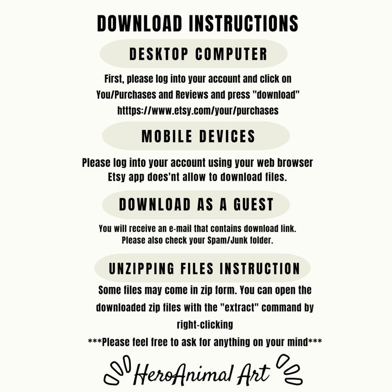 Puede incluir: Un fondo blanco con texto negro que describe las instrucciones para descargar archivos digitales de Etsy. El texto incluye instrucciones para descargar en una computadora de escritorio, un dispositivo m&oacute;vil y como invitado. Tambi&eacute;n incluye instrucciones para descomprimir archivos.
