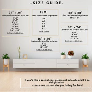 May include: A size guide for prints, showing different sizes in inches and centimeters. The guide includes standard sizes like 24" x 36", 18" x 24", and 16" x 20", as well as ISO paper sizes like A5, A4, A3, A2, and A1. The text states that a custom size can be created for free.