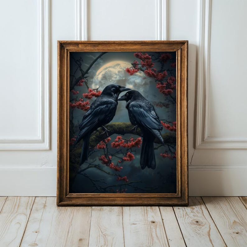 Two ravens under full moon with cherry blossoms