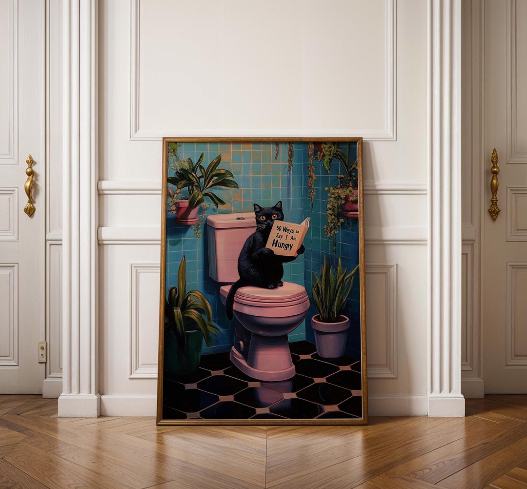 Black Cat on Toilet Print Funny Poster Wall Decor Pooping Print Pink ...