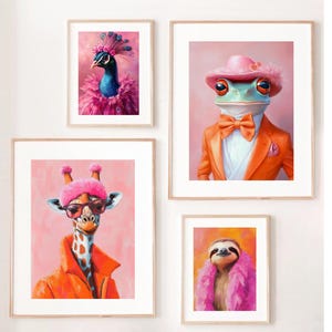 Impresiones artísticas de moda animal colorida Arte mural maximalista Retratos de moda animal divertidos Impresión linda de hipster Arte mural peculiar Impresión preppy