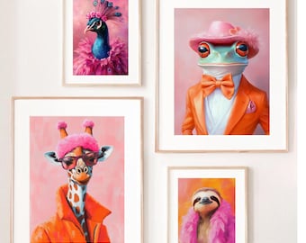 Colorful Animal Fashion Art Prints Maximalist Wall Art Funky Animal Fashion Portraits Cute Hipster Print Quirky Wall Art Preppy Print