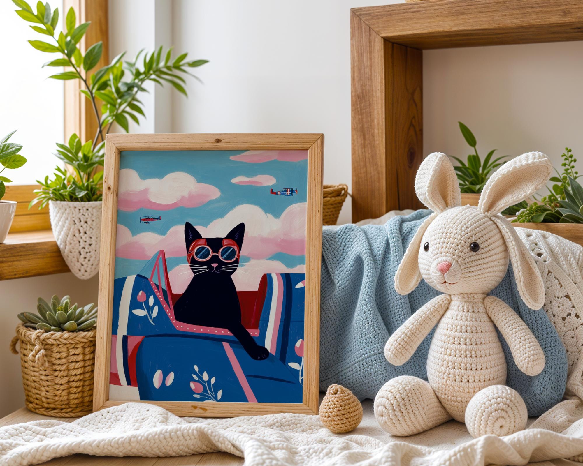 Aviator Cat Wall Art, Vintage Airplane Art, Whimsical Black Cat