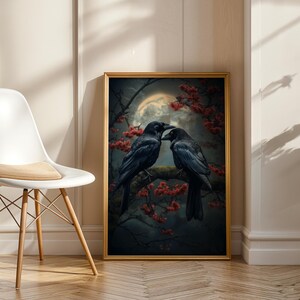 Dark academia ravens on mossy branch