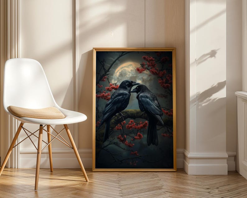 Dark academia ravens on mossy branch
