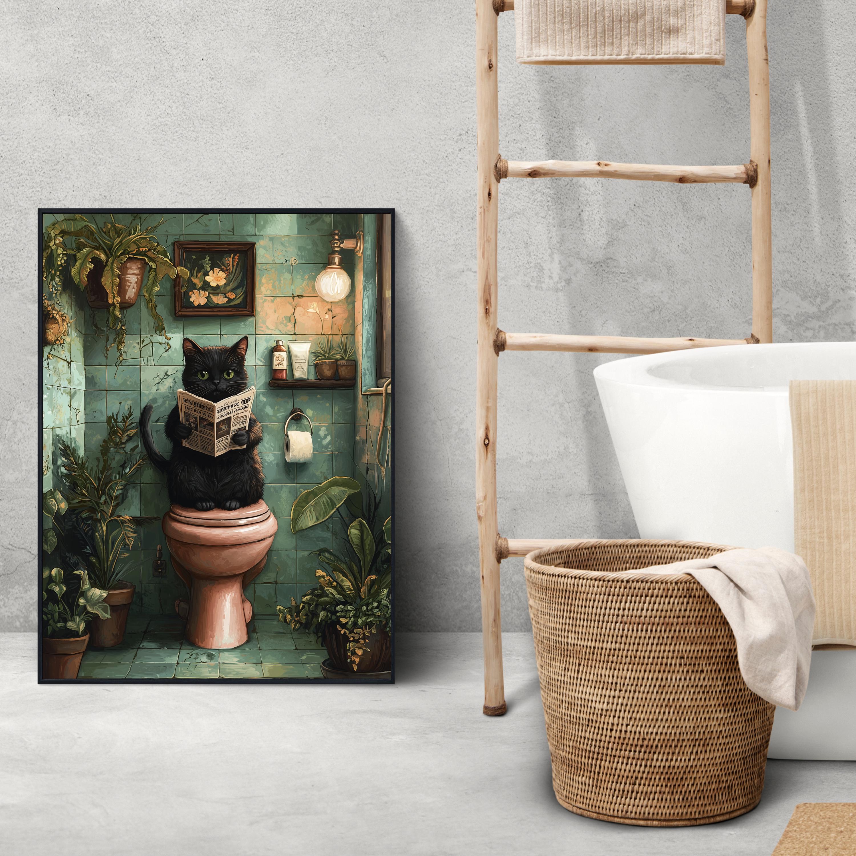 Vintage Black Cat Bathroom Wall Art, Toilet Fun Wall Art, Funny Black ...