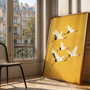 Sophisticated Japanese crane poster, combining tradition with a contemporary aesthetic.