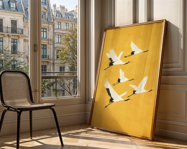 Sophisticated Japanese crane poster, combining tradition with a contemporary aesthetic.